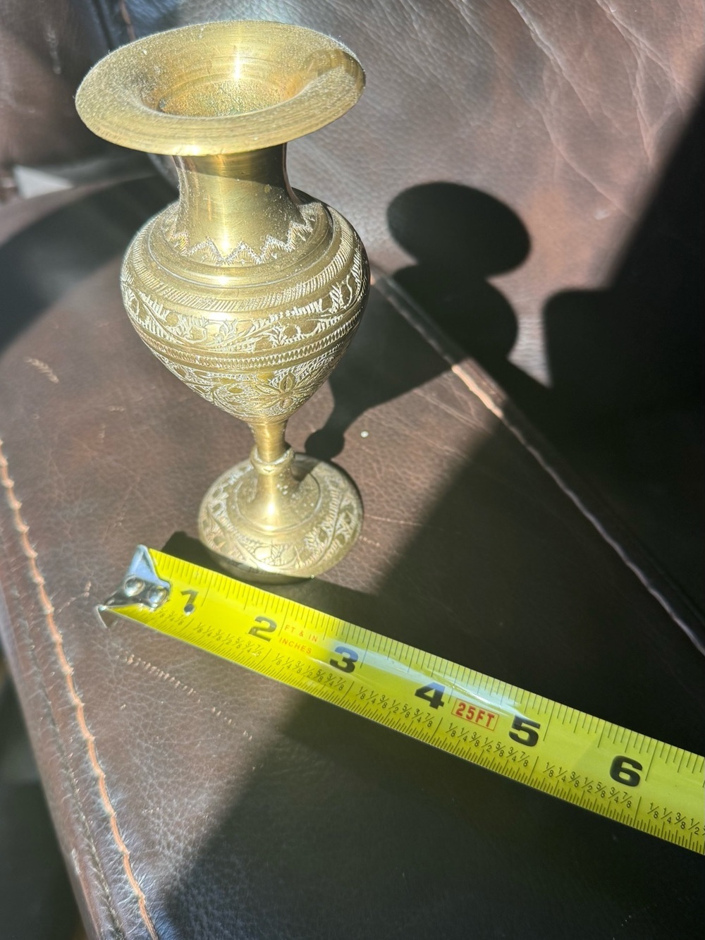 Small Decorative Brass Vase Flowers  6” Tall Vintage